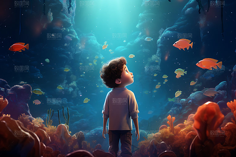 海底人物海洋唯美插画