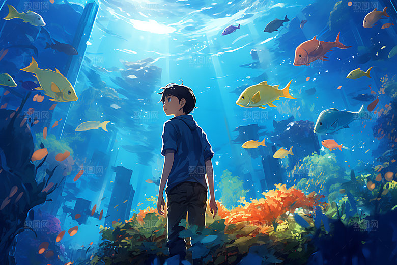 海底人物手绘蓝色插画
