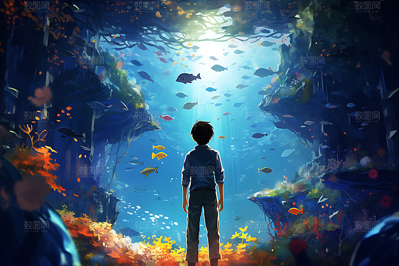 海底人物海洋海底世界插画
