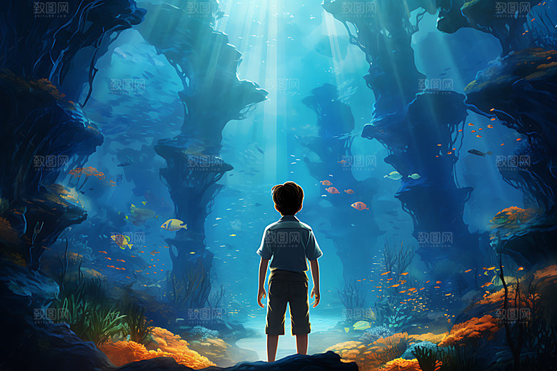 海底人物鱼群海底世界插画