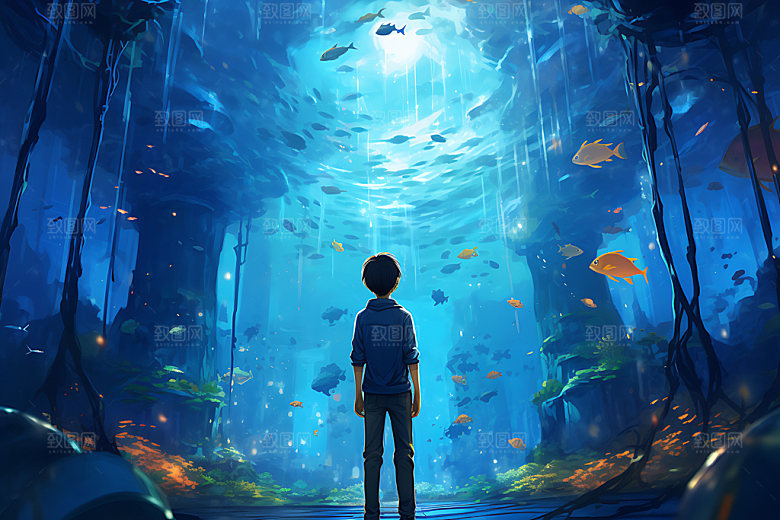 海底人物海洋浪漫插画