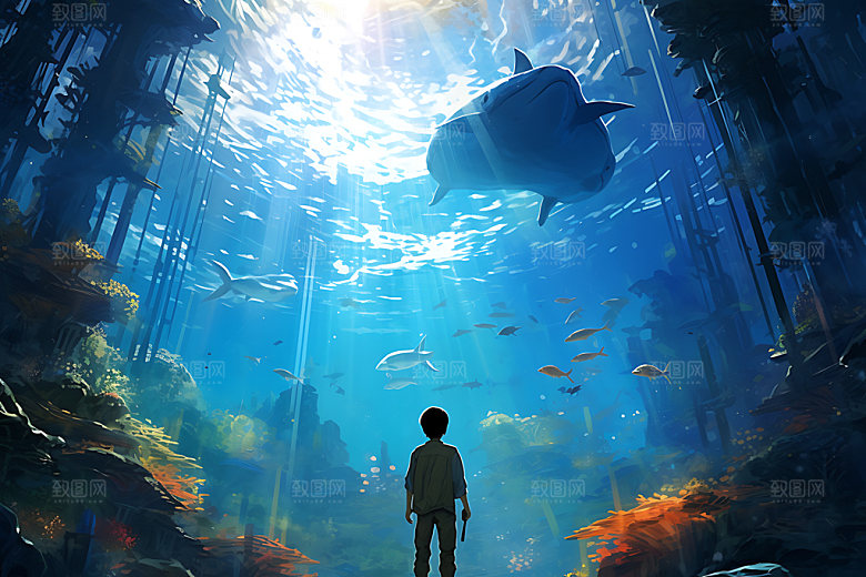 海底人物鱼群浪漫插画