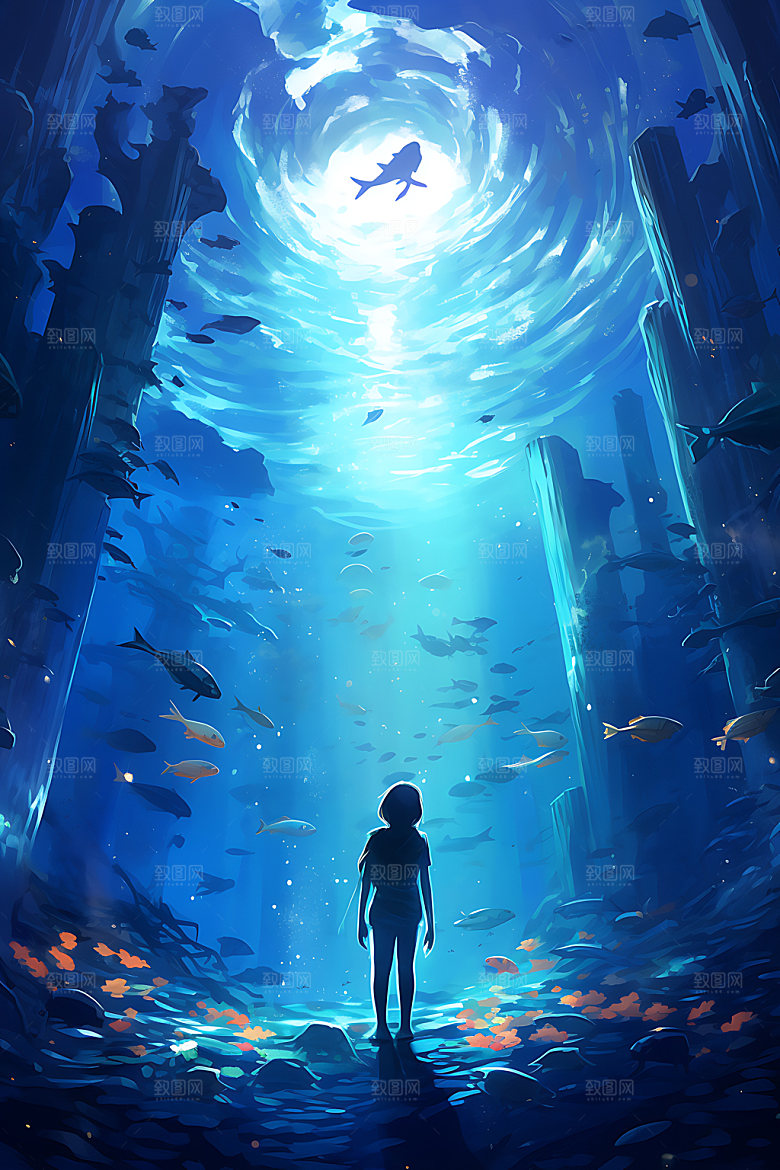 海底人物手绘蓝色插画