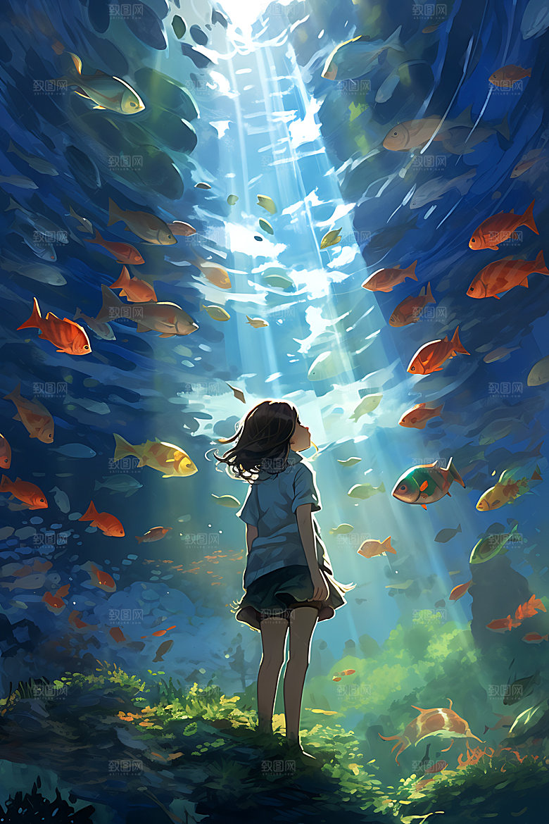 海底人物海底世界海洋插画
