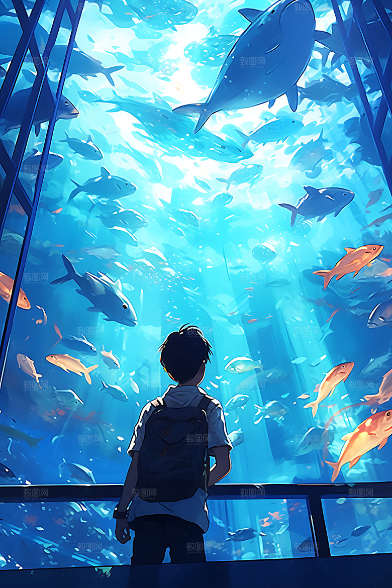 海底人物鱼群浪漫插画