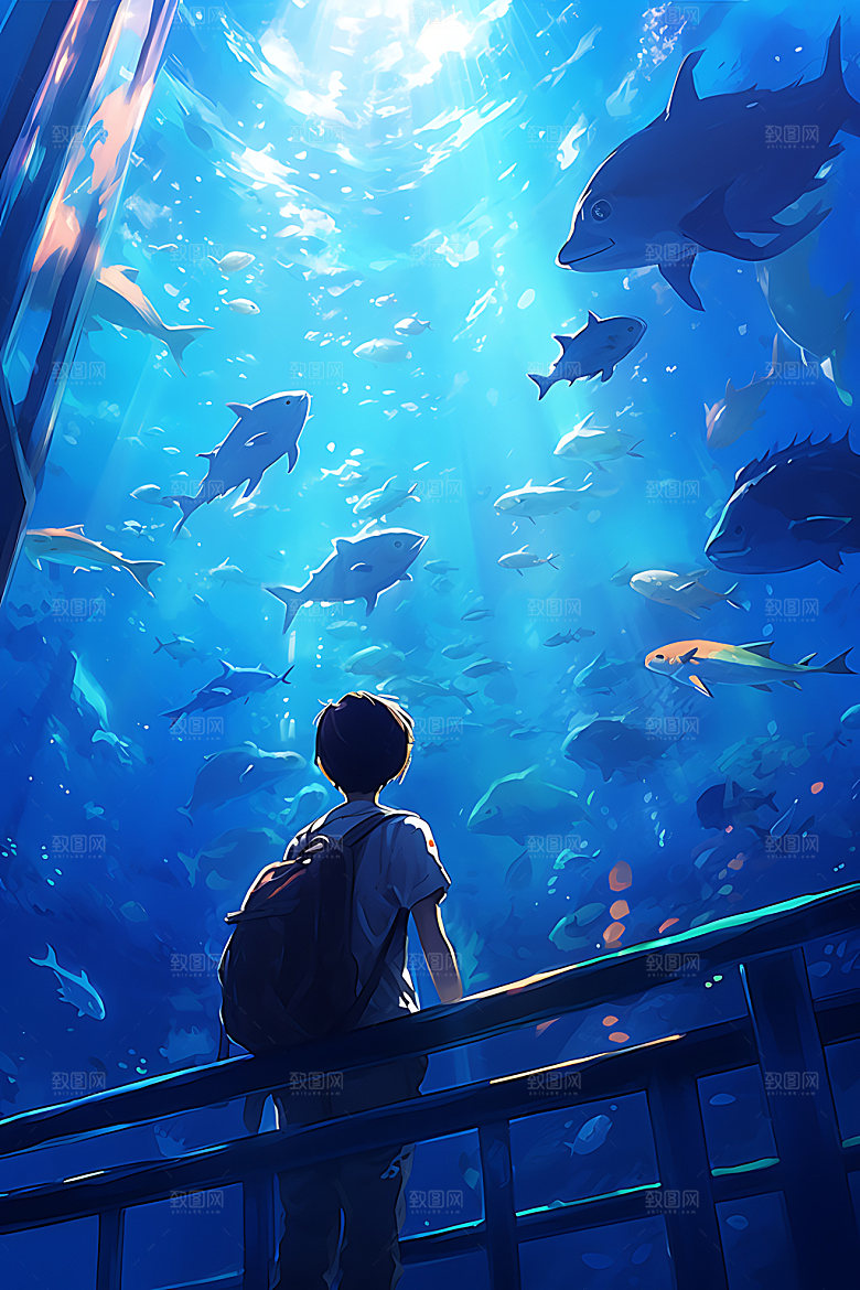 海底人物海底世界蓝色插画