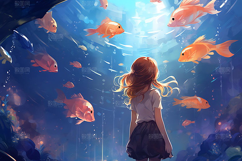 海底人物鱼群蓝色插画