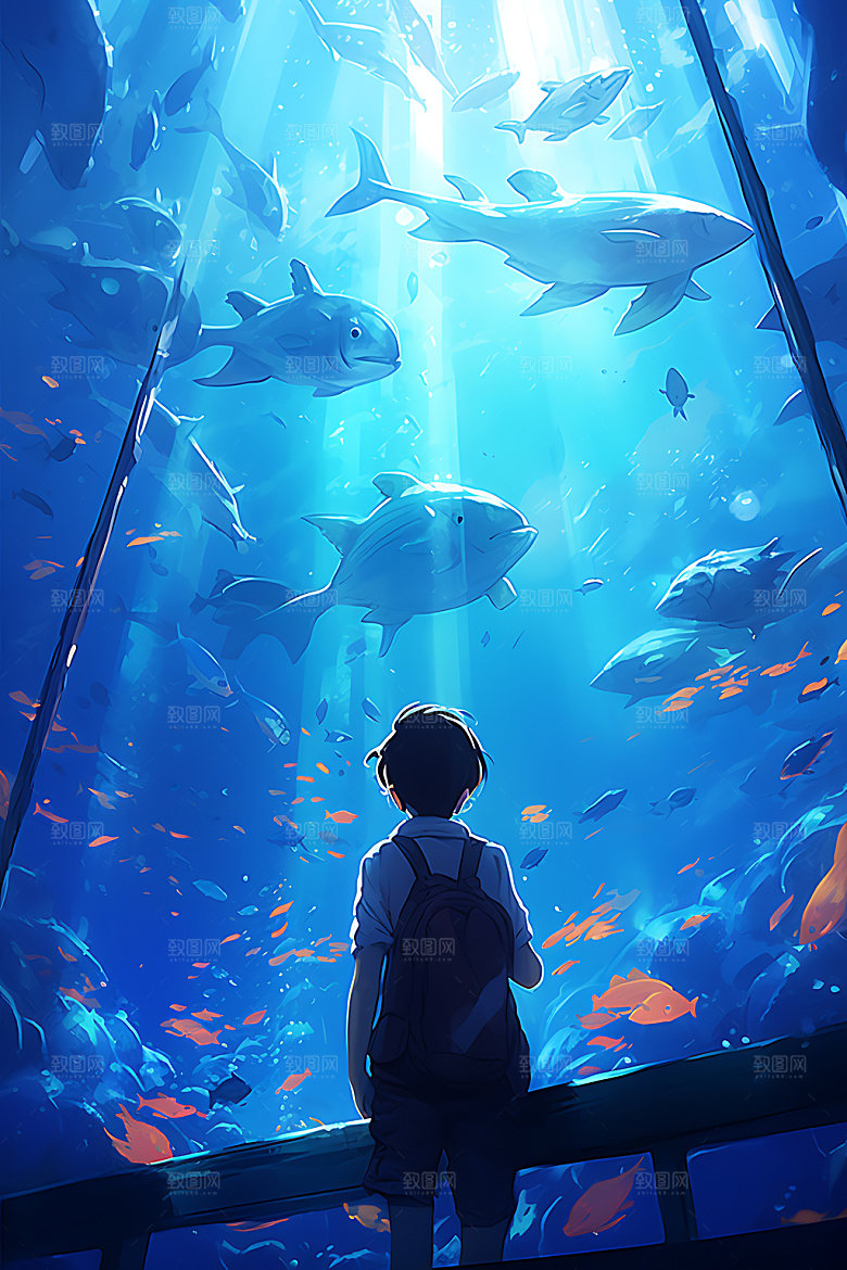 海底人物海洋蓝色插画