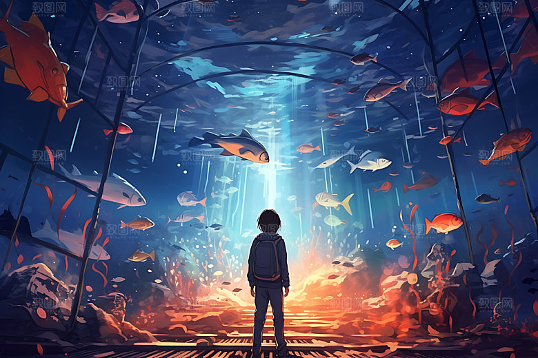 海底人物蓝色唯美插画