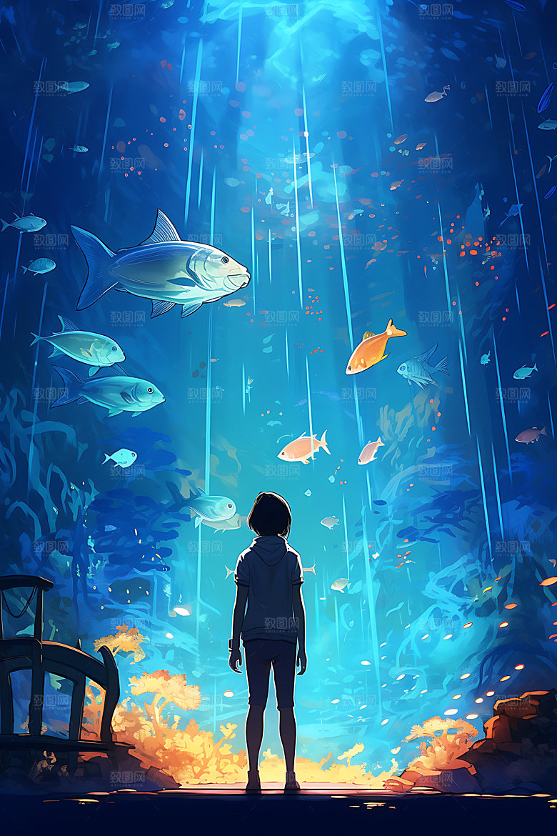 海底人物手绘唯美插画