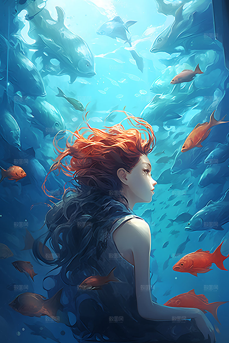 海底人物唯美鱼群插画