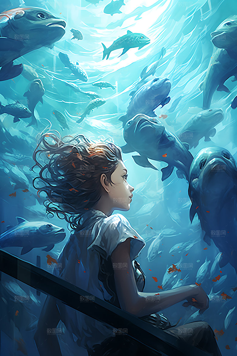 海底人物手绘海洋插画