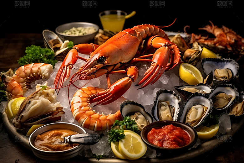 海鲜拼盘大虾美味摄影图
