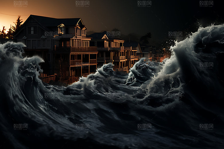 海啸洪水自然灾害摄影图