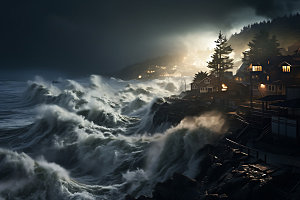海啸高清房屋倒塌摄影图