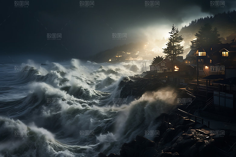 海啸高清房屋倒塌摄影图