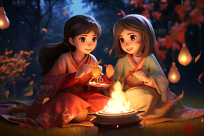汉服露营立体中式模型
