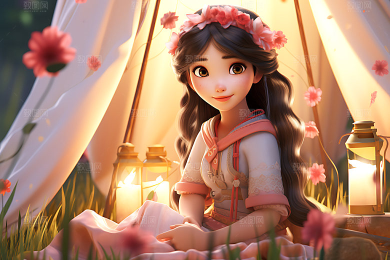 汉服露营3D人物模型