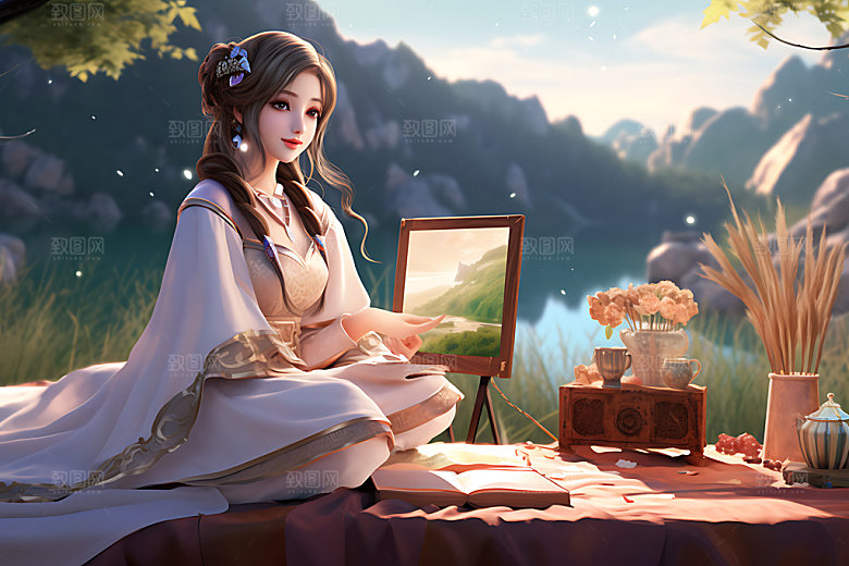 汉服露营人物户外模型