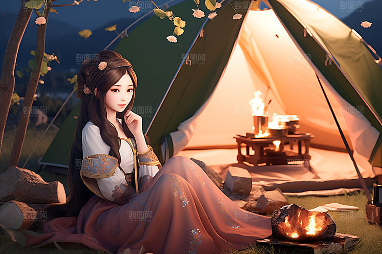 汉服露营人物可爱模型