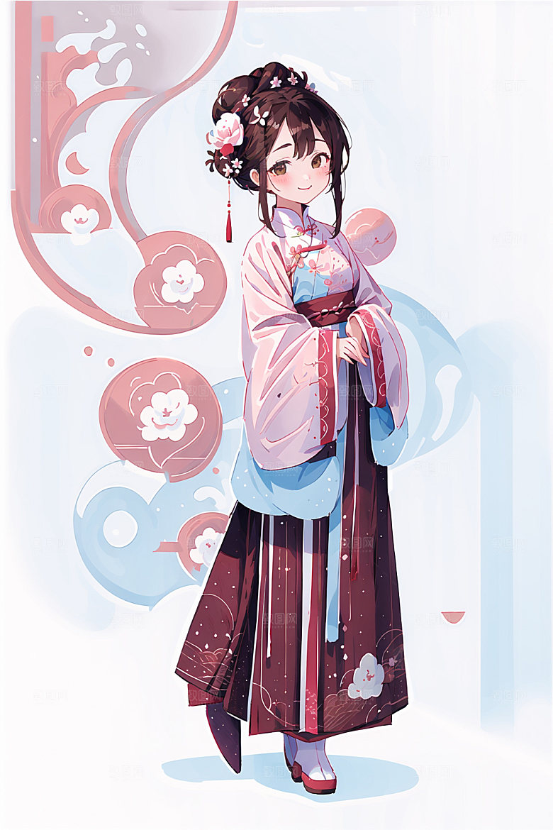 简约风汉服几何背景中国风少女插画