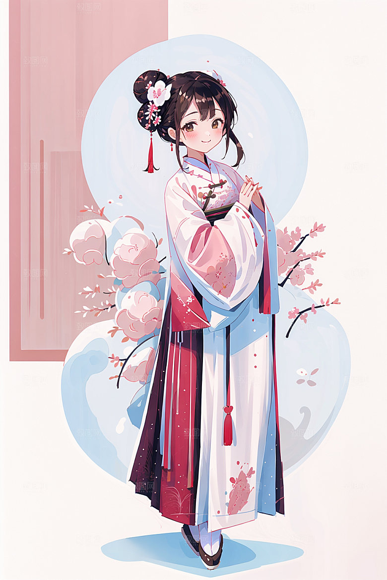 简约风汉服甜美几何背景少女插画