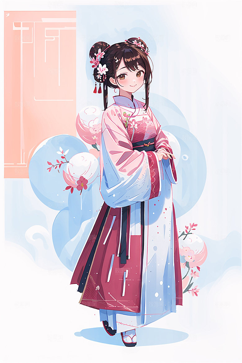 简约风汉服形象几何背景少女插画