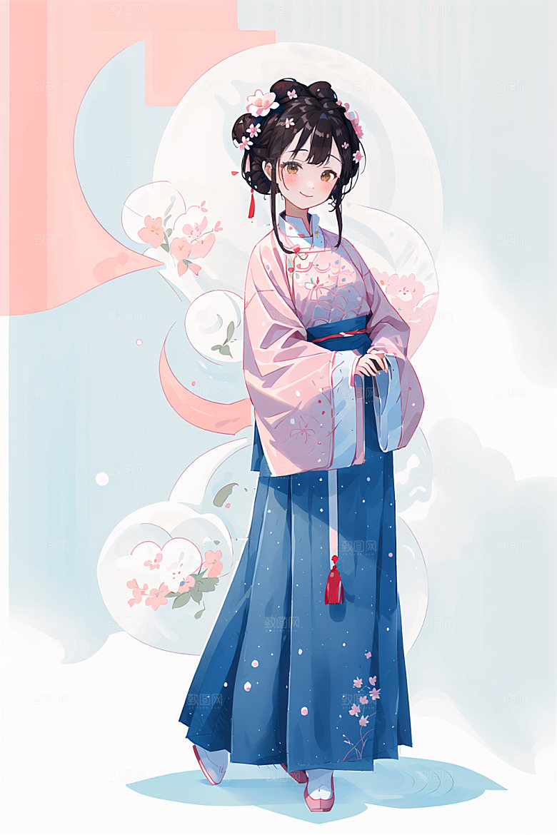 简约风汉服扁平化可爱少女插画