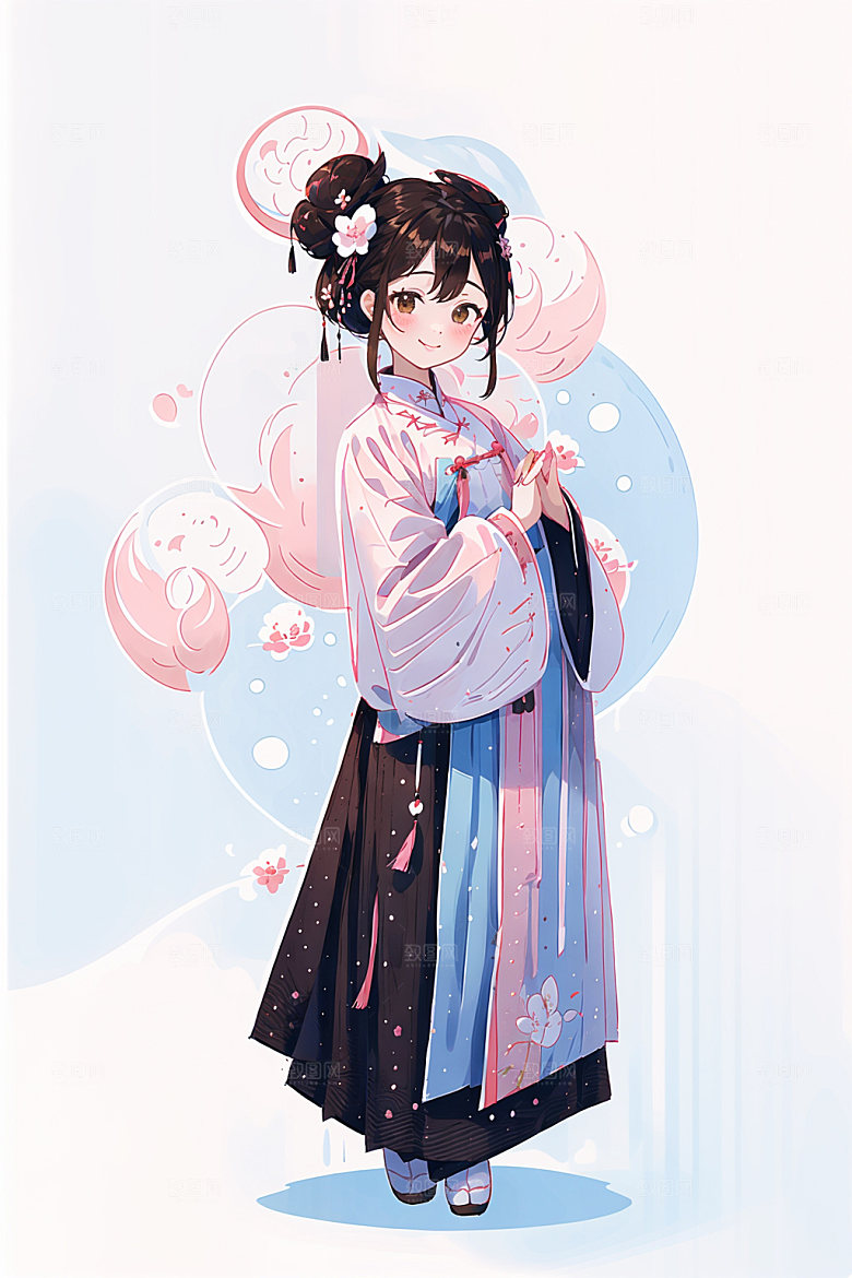 简约风汉服几何背景可爱少女插画