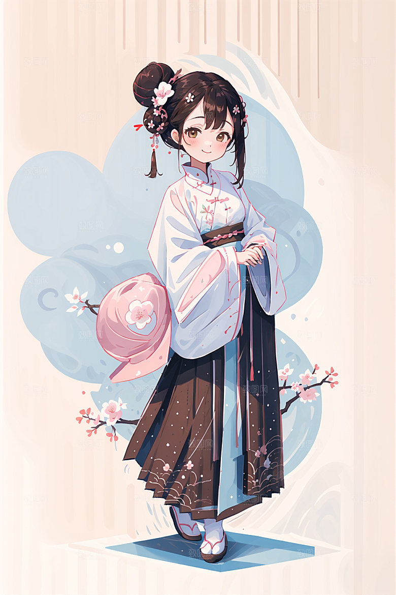 简约风汉服几何背景扁平化少女插画