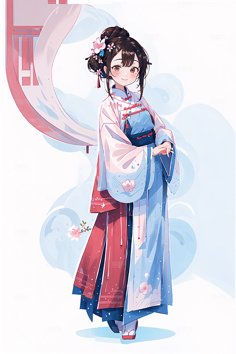 简约风汉服扁平化几何背景少女插画