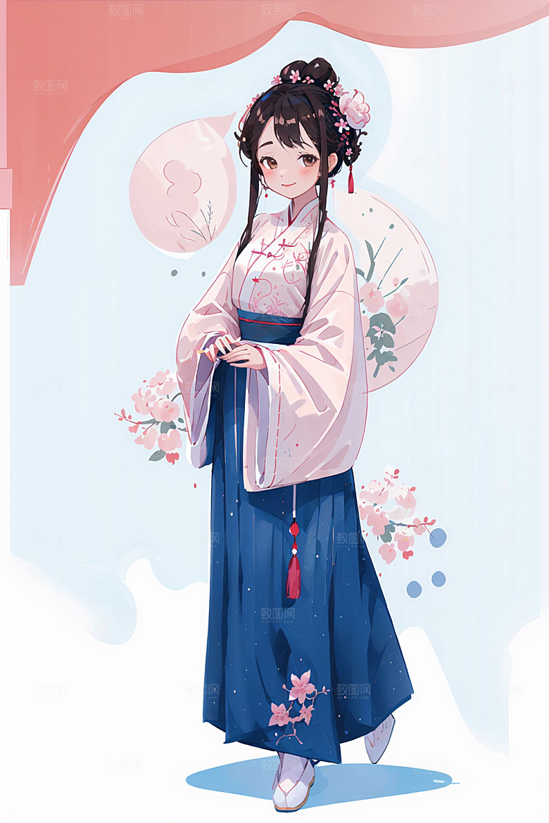 简约风汉服中国风古风少女插画