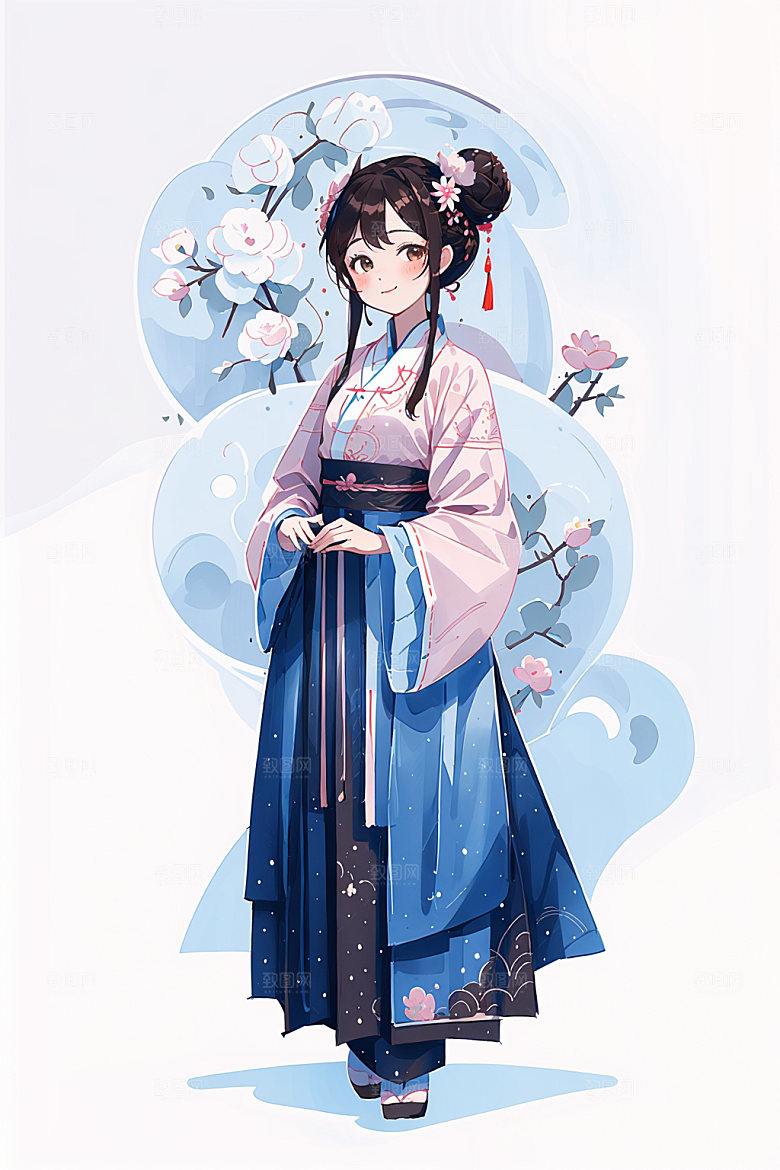 简约风汉服扁平化几何背景少女插画