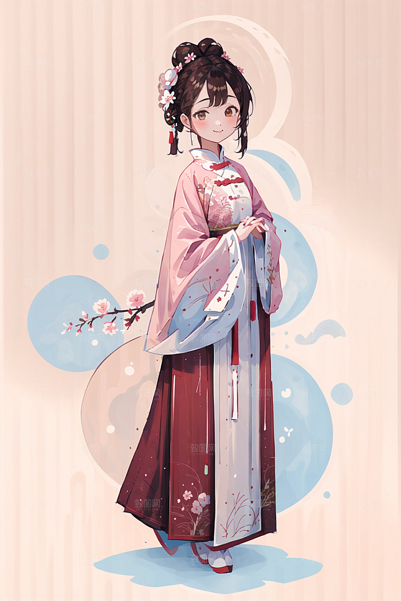 简约风汉服扁平化可爱少女插画