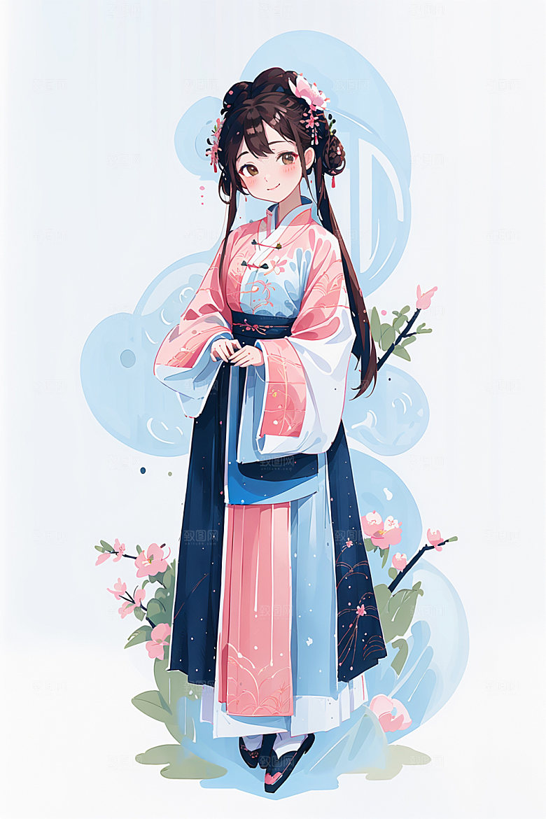简约风汉服中国风扁平化少女插画