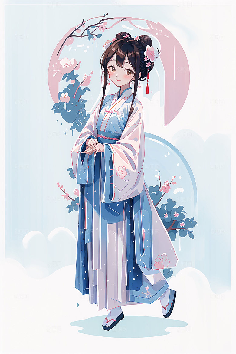 简约风汉服扁平化甜美少女插画
