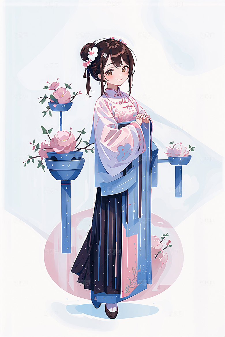 简约风汉服甜美几何背景少女插画