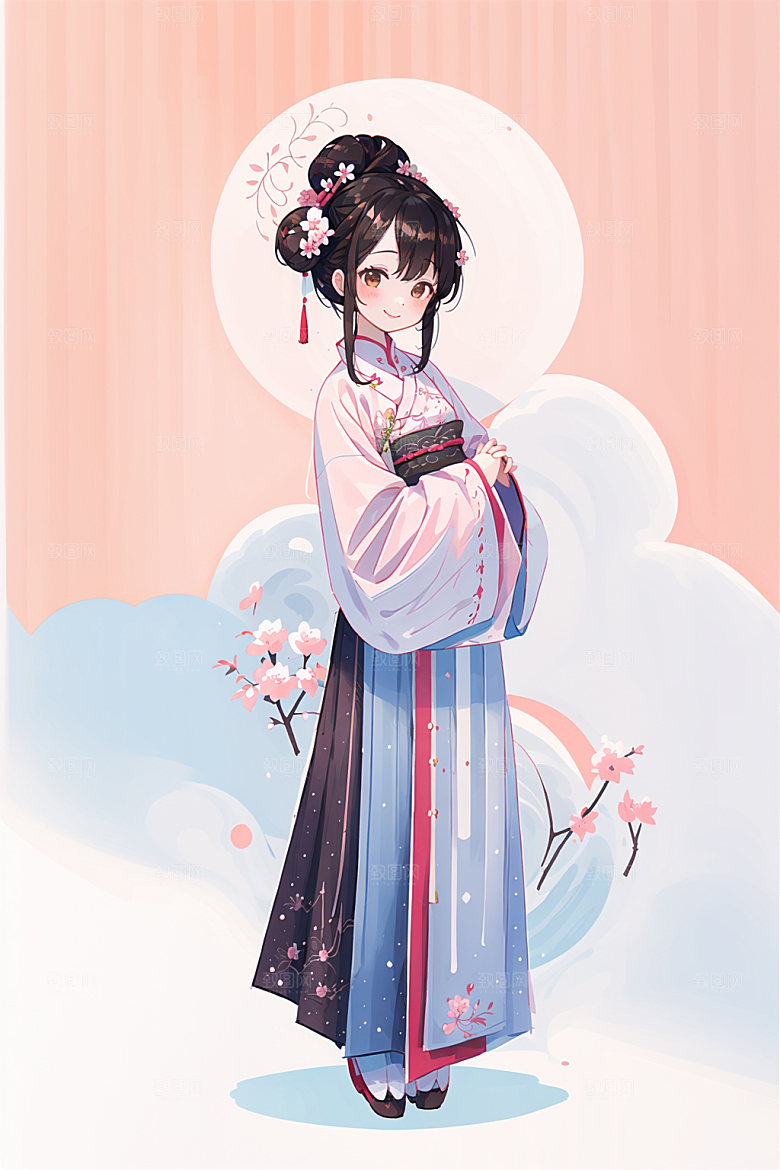 简约风汉服扁平化几何背景少女插画
