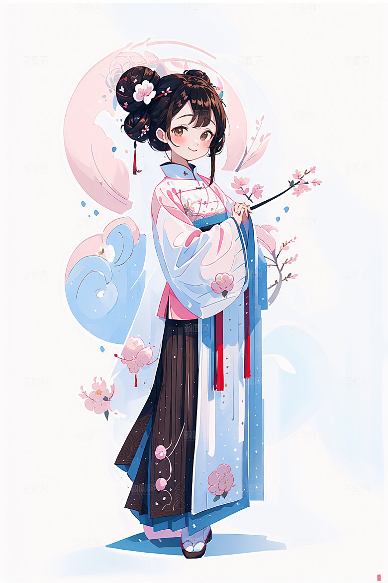 简约风汉服可爱扁平化少女插画