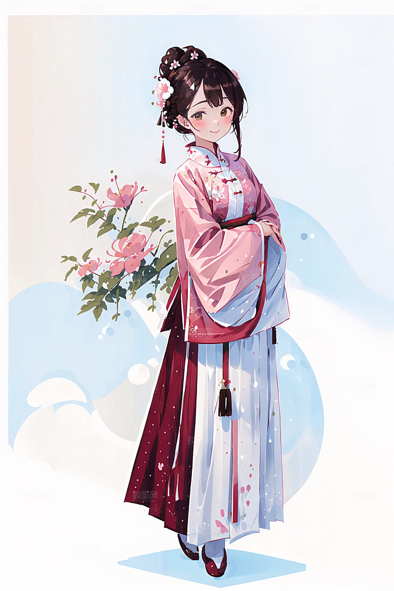 简约风汉服扁平化几何背景少女插画
