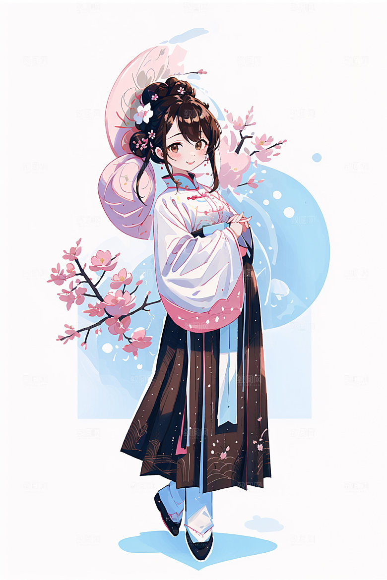 简约风汉服扁平化古风少女插画