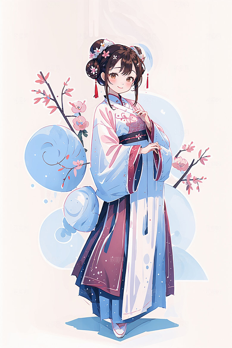 简约风汉服几何背景中国风少女插画