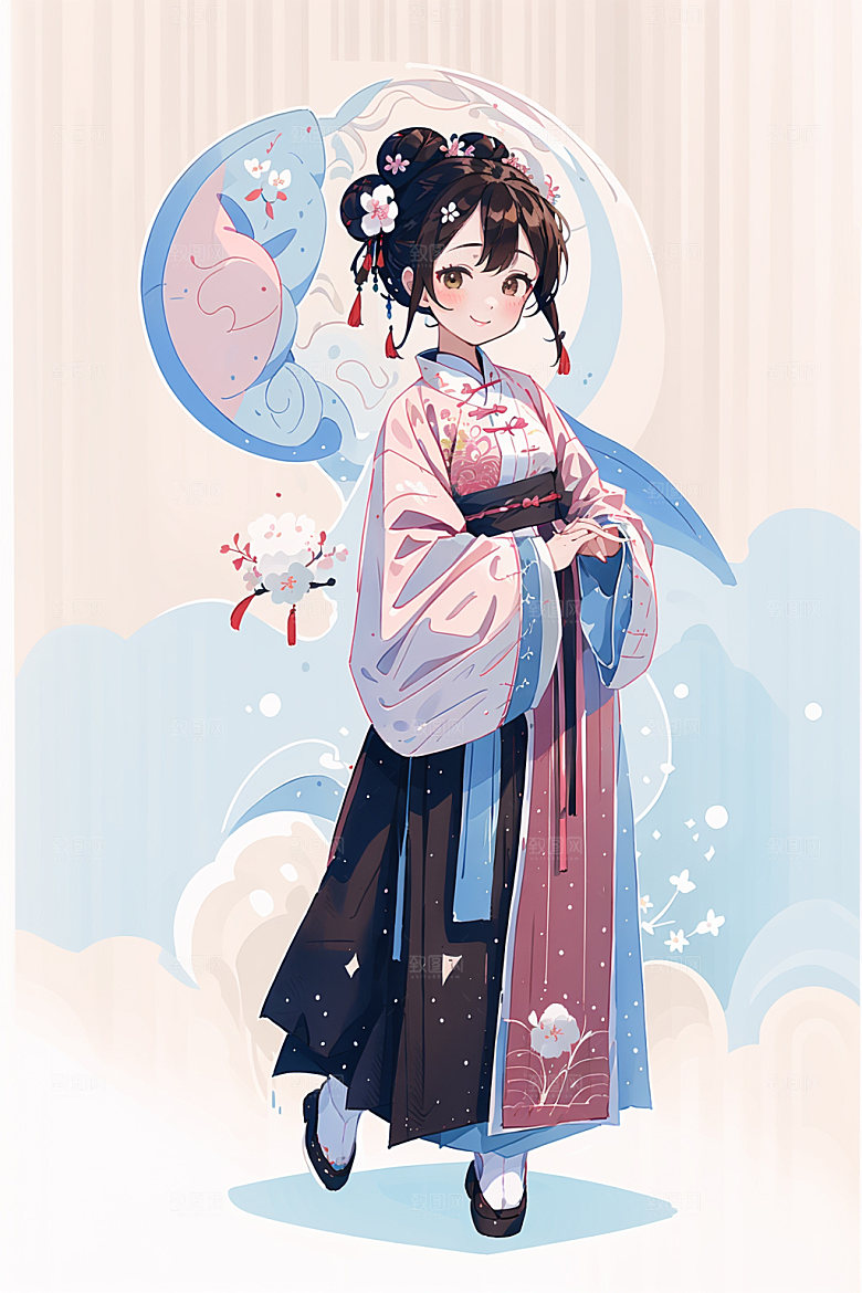 简约风汉服形象扁平化少女插画