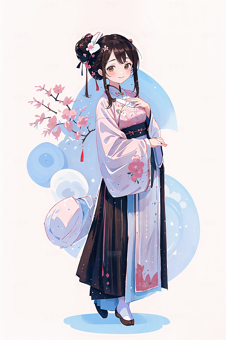 简约风汉服扁平化中国风少女插画