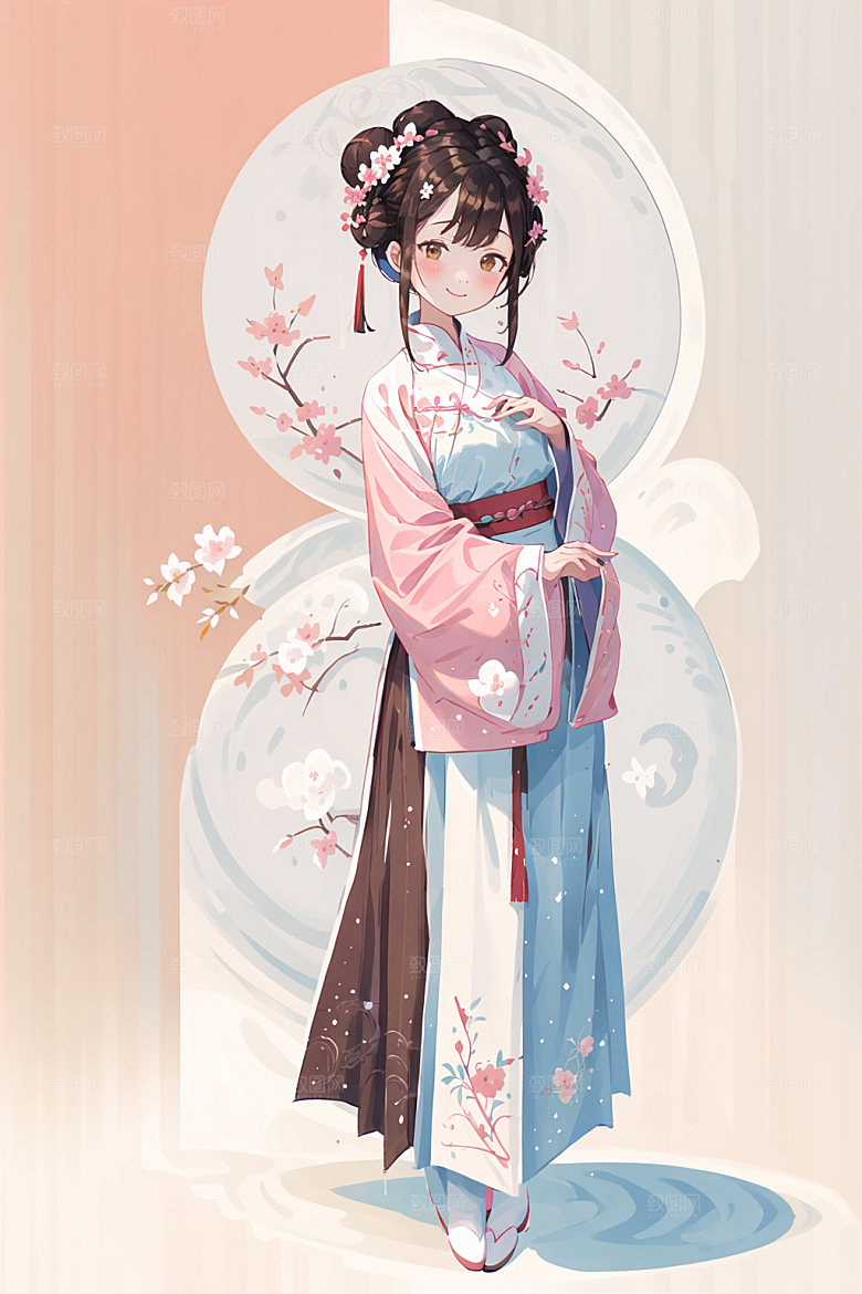 简约风汉服几何背景可爱少女插画