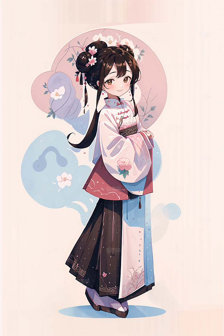简约风汉服几何背景扁平化少女插画