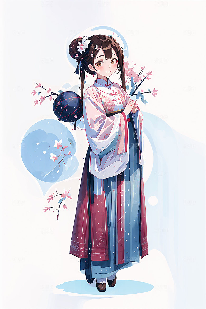 简约风汉服几何背景可爱少女插画