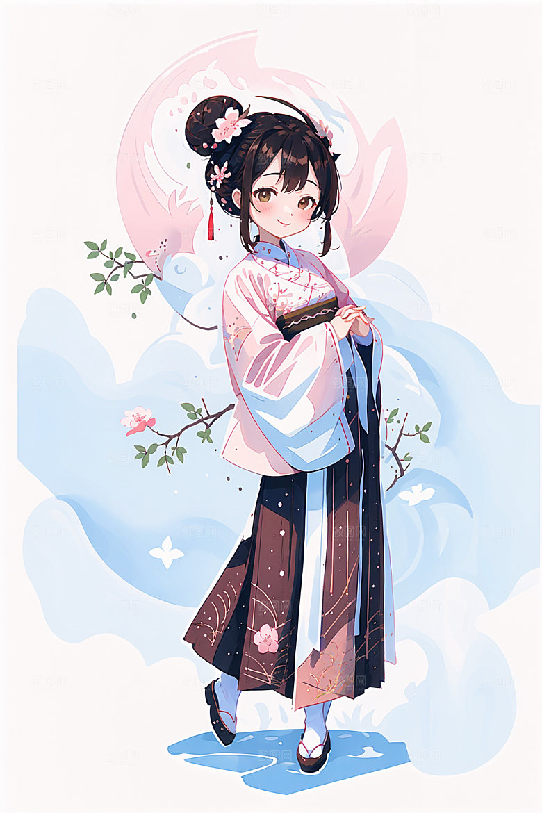 简约风汉服几何背景甜美少女插画