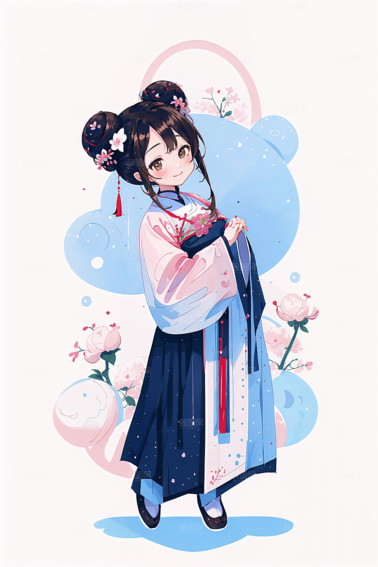 简约风汉服几何背景甜美少女插画