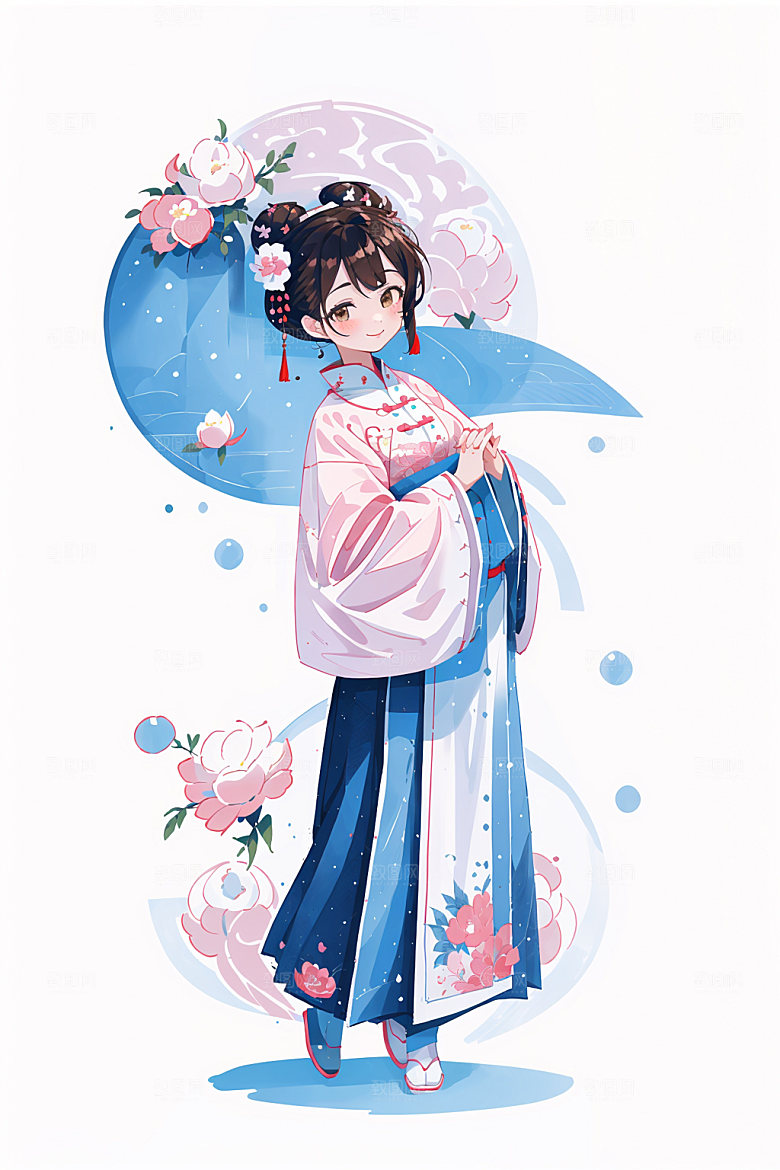 简约风汉服扁平化甜美少女插画